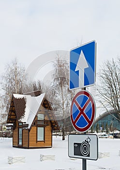 Road signs: one-Way traffic, Stop prohibited, photo-video Record