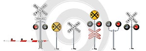 Road signs and railroad crossing barriers are used in the United States.traffic light, Railway barriers close isolated