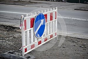 Road signs, road work ahead, warning signs on the city streets