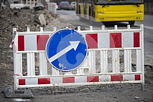 Road signs, road work ahead, warning signs on the city streets