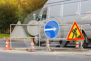 Road signs!Road works with trucks and traffic signs.road works road blocked signs and traffic cones diversion access onlyBarriers