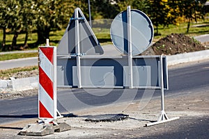 Road signs!Road works with trucks and traffic signs.road works road blocked signs and traffic cones diversion access onlyBarriers