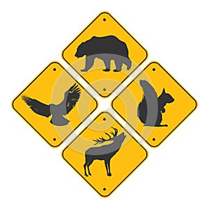 Road signs set of animals . Black color Bear, eagle, deer and squirrel.