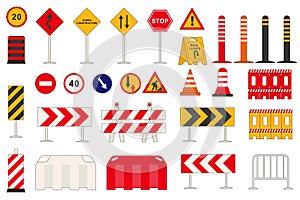 Road signs set graphic elements in flat design. Bundle of signpost and direction pointers, speed limit, detour, under construction