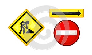 Road signs set. Under construction, no entry, yellow direction sign road sign vector illustration