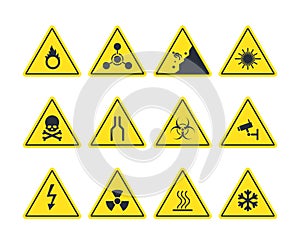 Road signs set. Yellow warning symbols danger of loose soil radioactive alarm lethal electrical voltage ice deposit