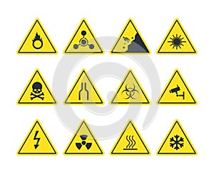 Road signs set. Yellow warning symbols danger of loose soil radioactive alarm lethal electrical voltage ice deposit photo