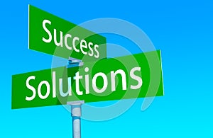 Road signs to success and solutions. Shot of two road signs reading Success and Solutions.