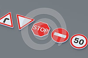 Road signs. Traffic laws. Driving school concept. Rules and regulation