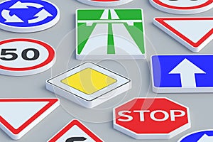 Road signs. Traffic laws. Driving school concept. Rules and regulation. Highway signpost. Roadway infrastructure