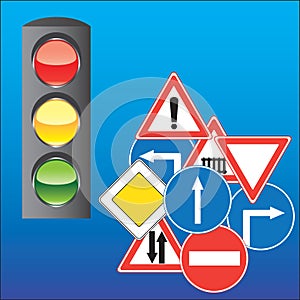 Road signs and traffic light