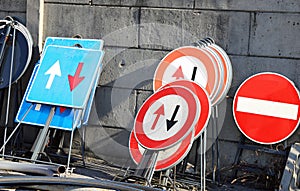 Road signs in a warehouse of construction company