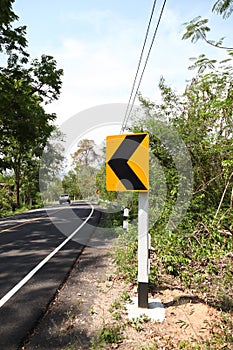 Road Signs warn Drivers for Ahead Dangerous Curve.