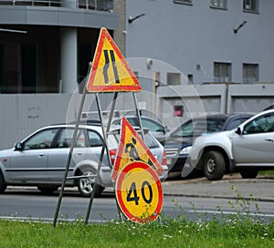 Road signs warning of road repairs