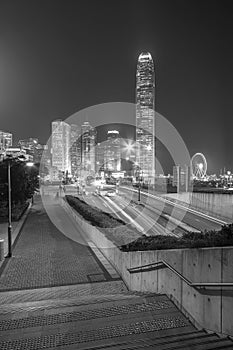Road and skyline of downtown district of Hong Kong city at night
