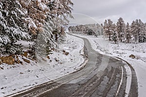 Road snow mountains forest autumn snowy