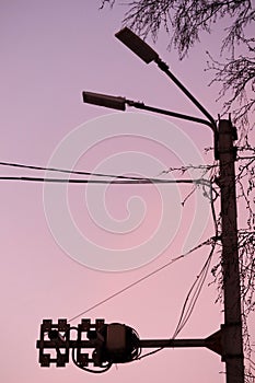 Road speed control camera on the road pole close up
