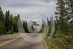 Rocky Mountains. asphalt mountain road on a sunny day. Road with yellow markings. Empty highway in Journey