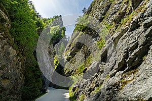 Road between steep rocks of Maninska tiesnava gorge, Slovakia
