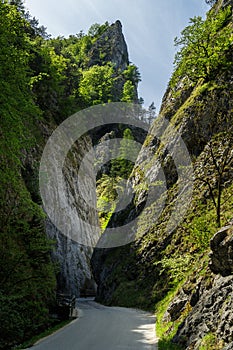 Cesta medzi strmými skalami Manínskej tiesňavy, Slovensko