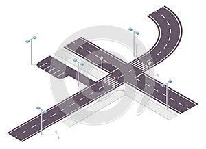 Road, street traffic, info graphic, junction crossway on white. Illustration of crossroads main and side road.