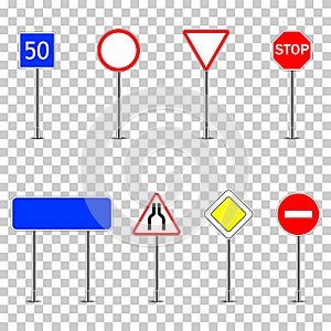Road, street traffic signs isolated on transparent background. Highway objects. Metal sign circle, triangle, rectangle. Empty road
