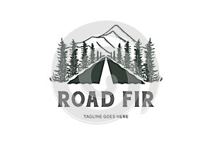 Road Street Way with Mountain Pine Evergreen Fir Conifer Cypress Larch Trees Forest Logo Design Vector