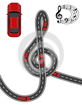 The road is stylized in the form of a treble clef. Red car. Music on the road.
