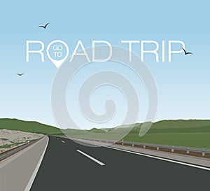 Road through the summer green mountains. Road Trip. Travel. Stock Vector Illustration