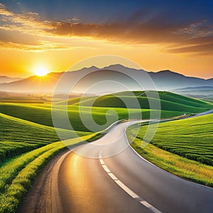 Road at sunset among the years and green fields