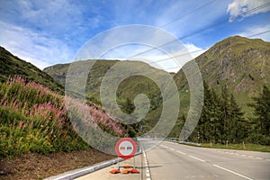 Swiss mountains alpine beautiful road mountain landscape blue sky summer flowers travel empty landscape no overtaking sign green