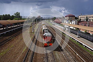 Road-switcher diesel-electric locomotive ChME3 in Ramenskoye station of Moscow region, Russia.