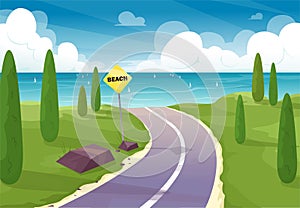 The road to the beach. Beautiful road on the natural landscape to the beach with a pointer, sign. Vector illustration in cartoon f