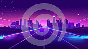 Road to city modern background at night with neon lights. Cartoon illustration of urban skyline and purple architecture.