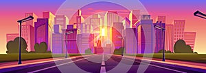 Road to city street at sunset cartoon background