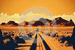 Road to desert. Retro tone color style. Travel vacation concept. Generative AI