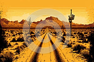 Road to desert. Retro tone color style. Travel vacation concept. Generative AI