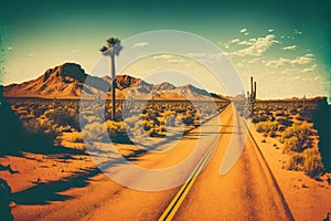 Road to desert. Retro tone color style. Travel vacation concept. Generative AI