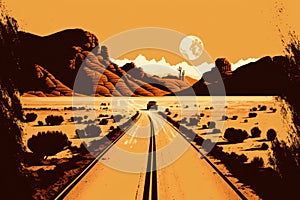 Road to desert. Retro tone color style. Travel vacation concept. Generative AI