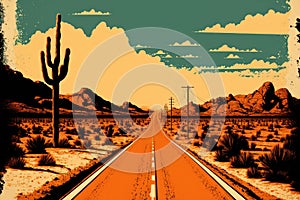 Road to desert. Retro tone color style. Travel vacation concept. Generative AI