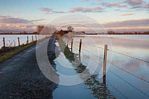 Road to a Dutch farm flooded by water