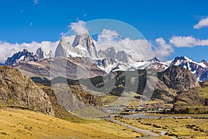 Road to El Chalten and panorama with Fitz Roy mountain at Los Glaciares National Park