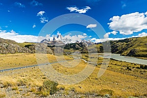 Road to El Chalten and panorama with Fitz Roy mountain at Los Glaciares National Park