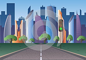 Road to the Futuristic city of the future with traffic lights