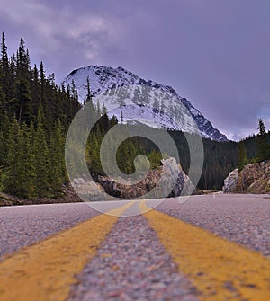 Road to Jasper town in jasper national park. Canadian Rockies in Alberta Canada