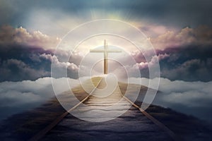 The road to the Kingdom of Heaven which leads to salvation and paradise with God with a cross showing the way