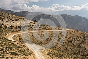 Road to Lo Manthang in Upper Mustang trekking route. Himalaya mountains range in Nepal