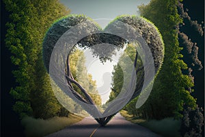 Road to love .Trees in the shape of a heart. Generative AI