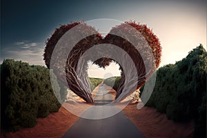 Road to love .Trees in the shape of a heart. Generative AI