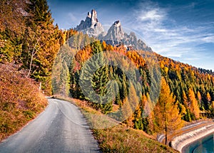 Road to Malga Civertaghe Azienda Agricola Dolomites small milk farm. photo